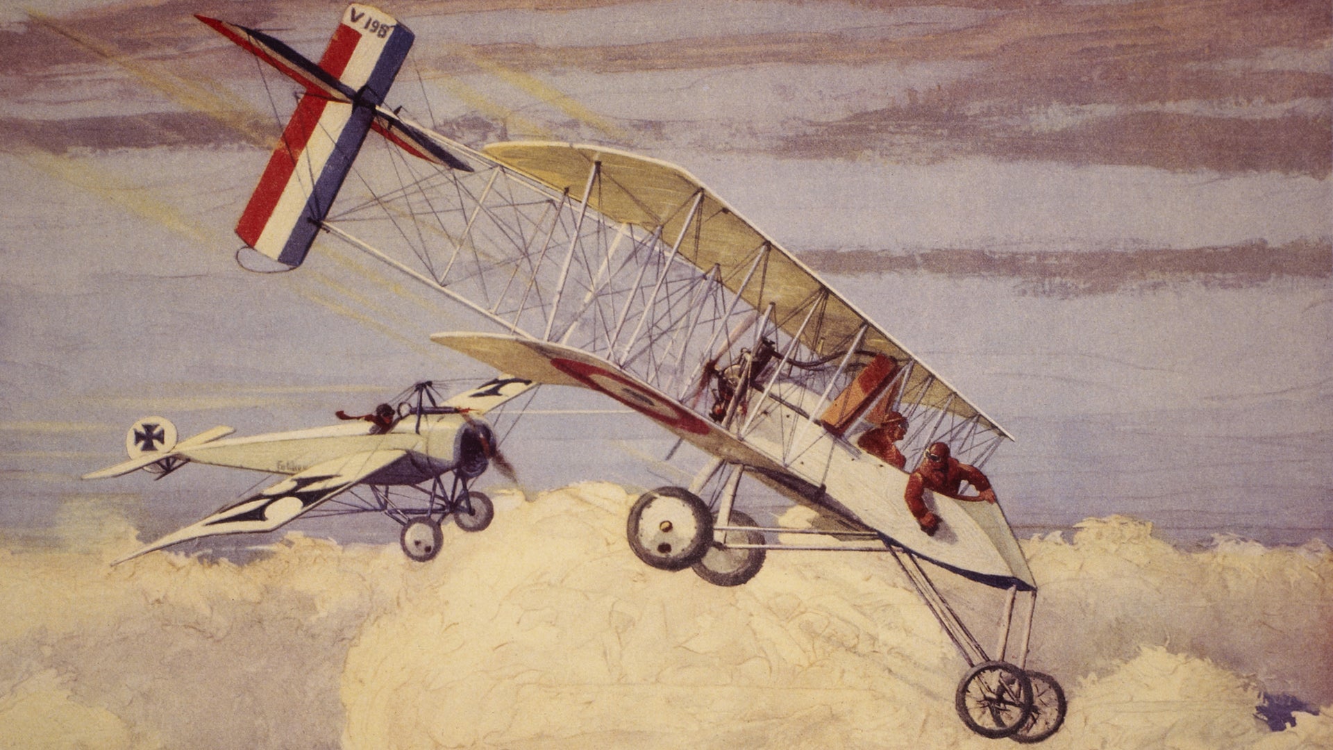 Un monoplan german Fokker care ataca un biplan francez Voisin, c.  1915 in Primul Razboi Mondial.
